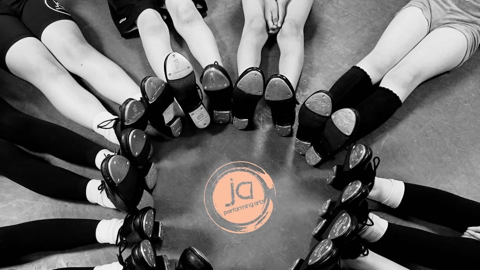 Mini Tap & Jazz tap shoes in a circle around the JA Performing Arts logo